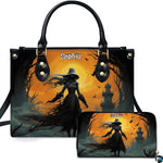 Hooded witch art depicting a dark fantasy sorceress and glowing amber moon presented across an accessory pairing.
