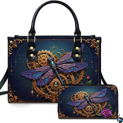 Steampunk clockwork dragonfly handbag and wallet set displayed against a white background