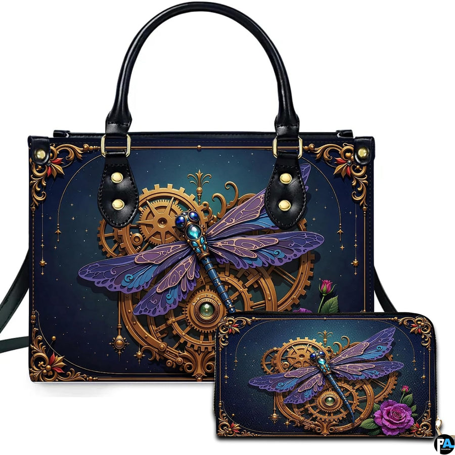 Steampunk clockwork dragonfly handbag and wallet set displayed against a white background