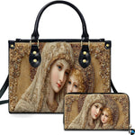 Front view of religious handbag featuring golden Byzantine Madonna and Child icon in pearl mosaic aesthetic