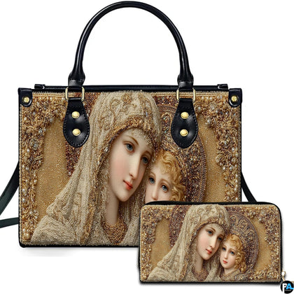 Front view of religious handbag featuring golden Byzantine Madonna and Child icon in pearl mosaic aesthetic