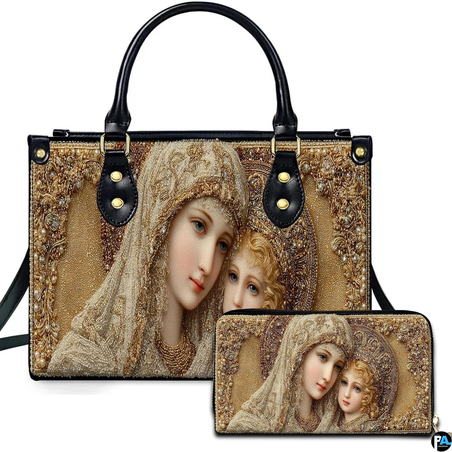 Front view of religious handbag featuring golden Byzantine Madonna and Child icon in pearl mosaic aesthetic