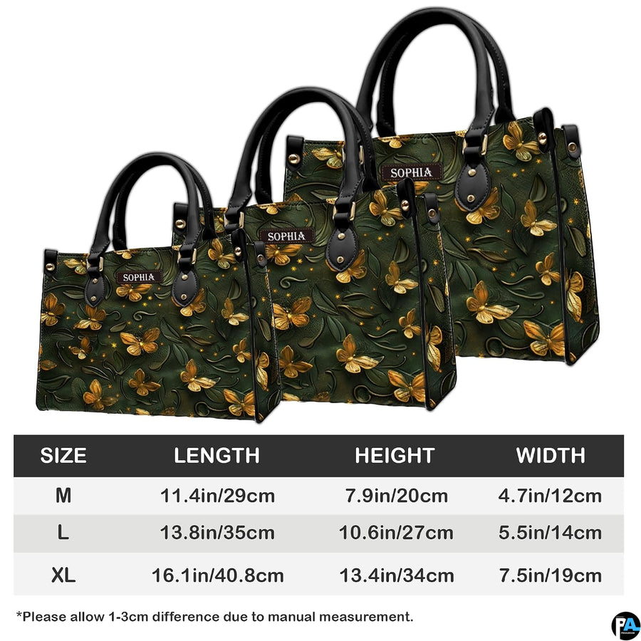 Size comparison chart detailing dimensions for medium, large, and extra-large handbags.
