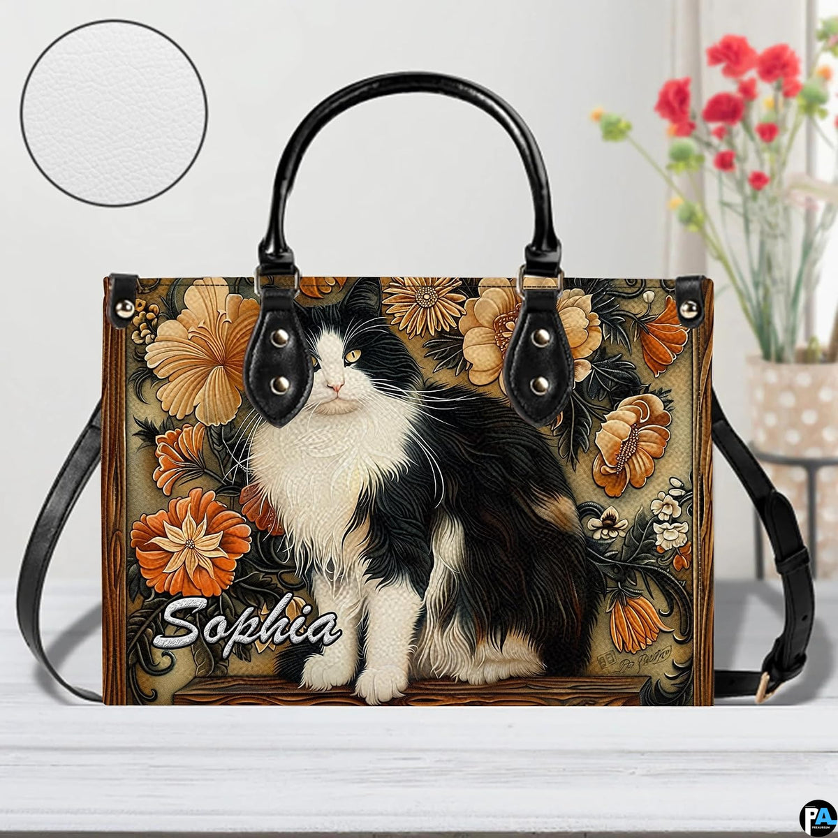 Coordinated botanical accessory items featuring tuxedo cat painting graphic arranged in indoor home space.