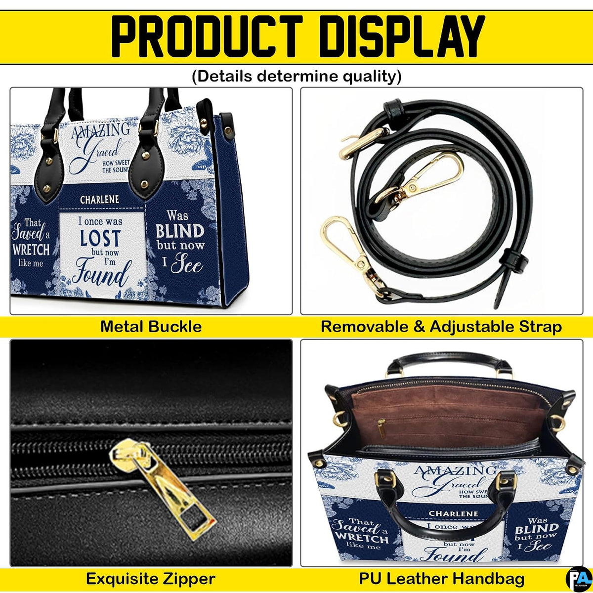 Side perspective of blue hymn handbag displaying structured silhouette