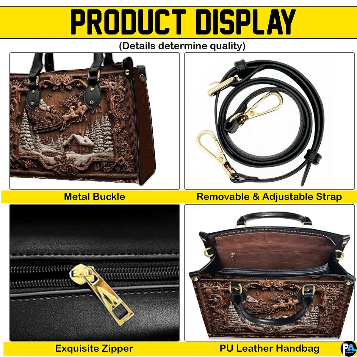 Four-panel showcase illustrating design details, hardware, and interior layout.