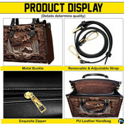 Four-panel product display of holiday handbag showing side profile, strap buckle, zipper pull, and interior