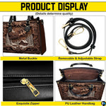 Four-panel product display of holiday handbag showing side profile, strap buckle, zipper pull, and interior