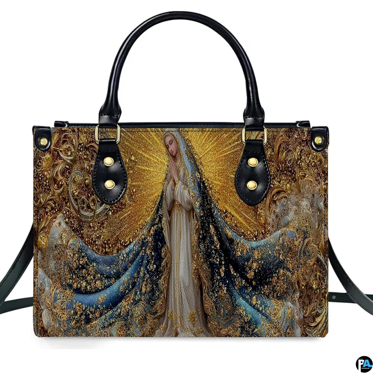 Lifestyle perspective highlighting shoulder carry of the Virgin Mary handbag with crossbody strap.