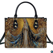 Lifestyle perspective highlighting shoulder carry of the Virgin Mary handbag with crossbody strap.