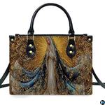 Lifestyle perspective highlighting shoulder carry of the Virgin Mary handbag with crossbody strap.
