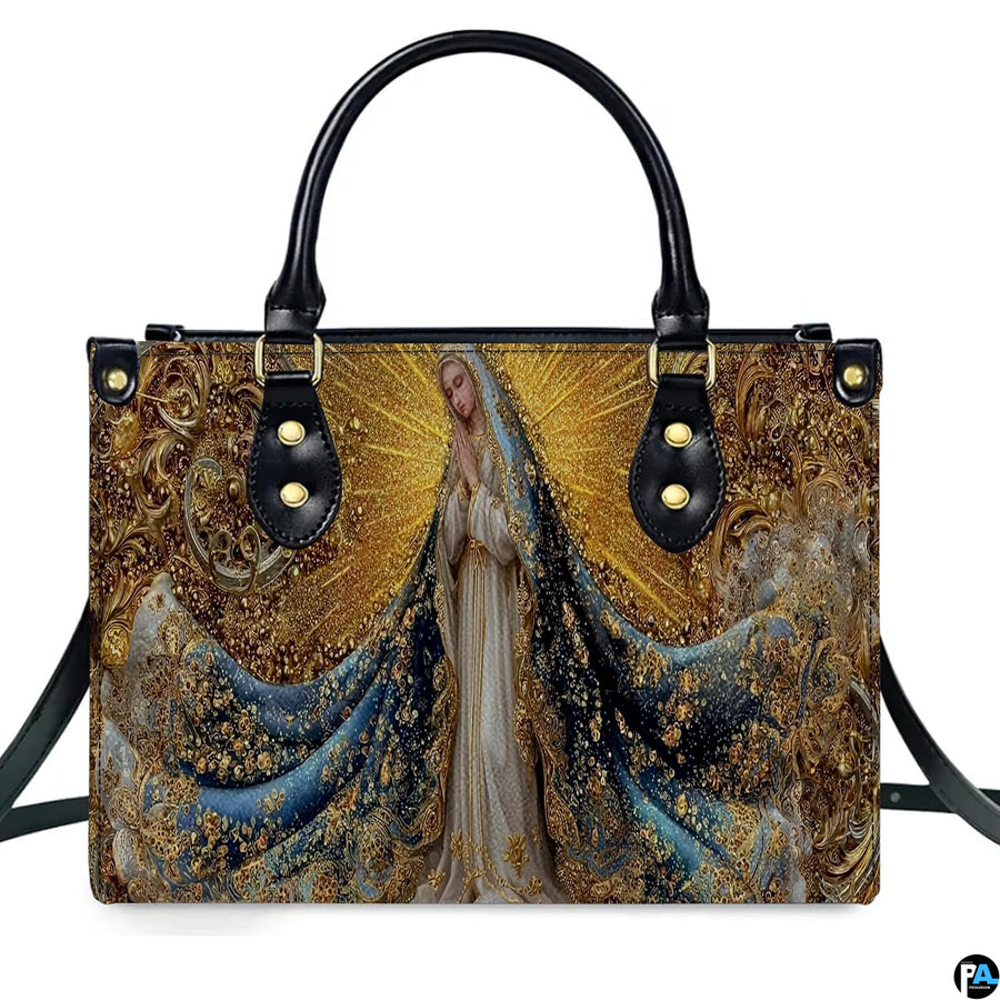Lifestyle perspective highlighting shoulder carry of the Virgin Mary handbag with crossbody strap.