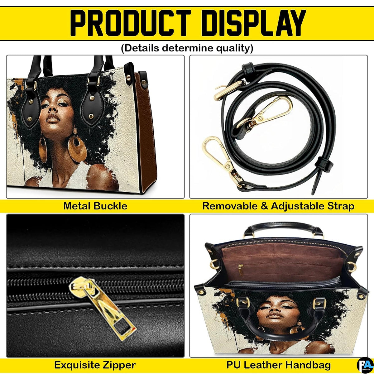 Detail collage of afro portrait handbag with black trim and gold-toned accents