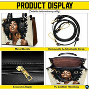 Detail collage of afro portrait handbag with black trim and gold-toned accents