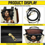 Detail collage of afro portrait handbag with black trim and gold-toned accents
