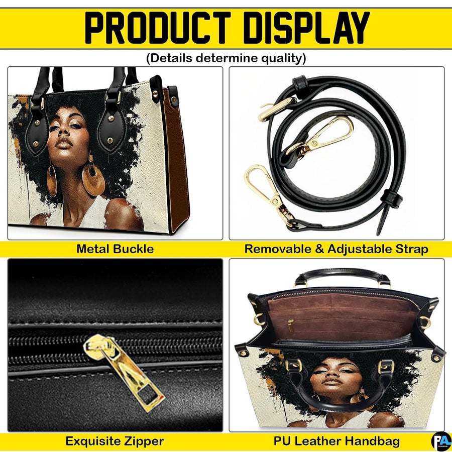 Detail collage of afro portrait handbag with black trim and gold-toned accents