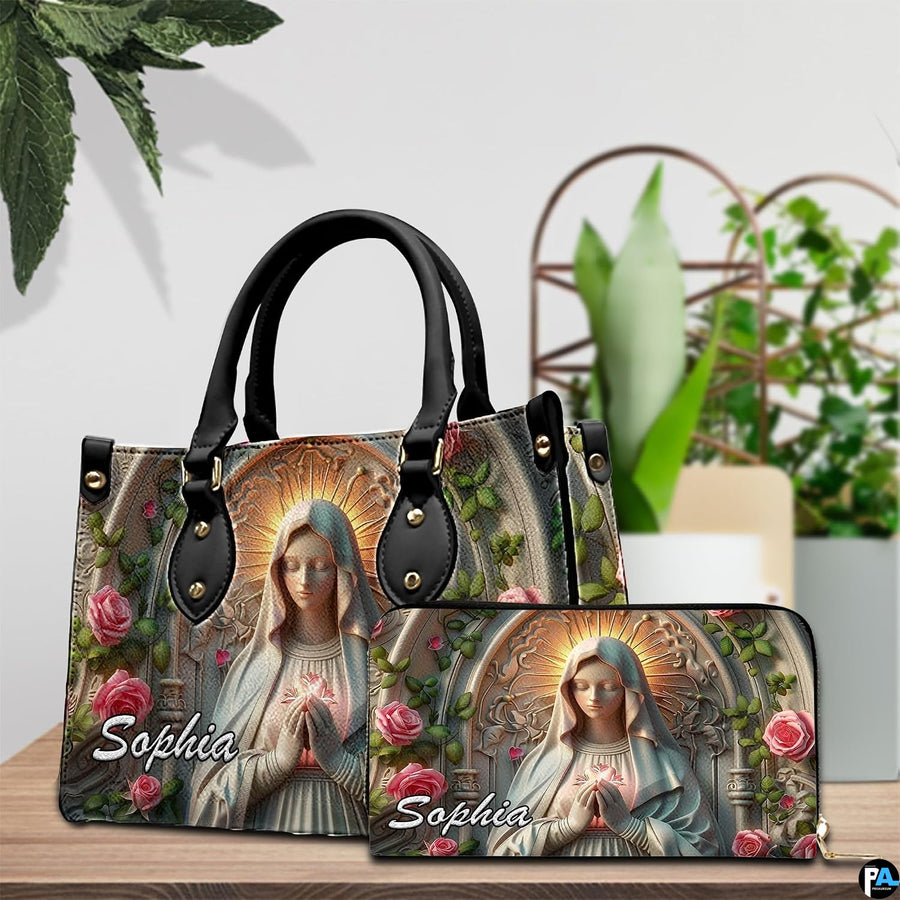 Devotional praying Virgin Mary with golden halo and pink roses on coordinated wallet