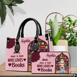 Model carrying the blush pink reading girl handbag outdoors showcasing the front library design.