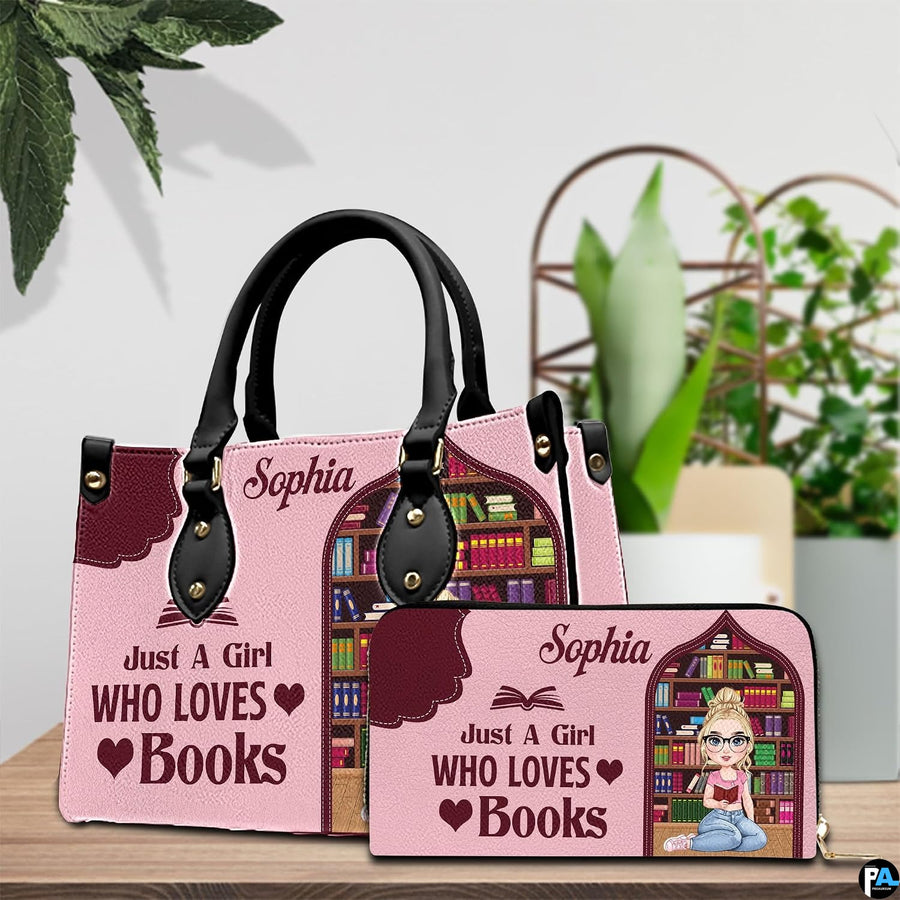 Model carrying the blush pink reading girl handbag outdoors showcasing the front library design.