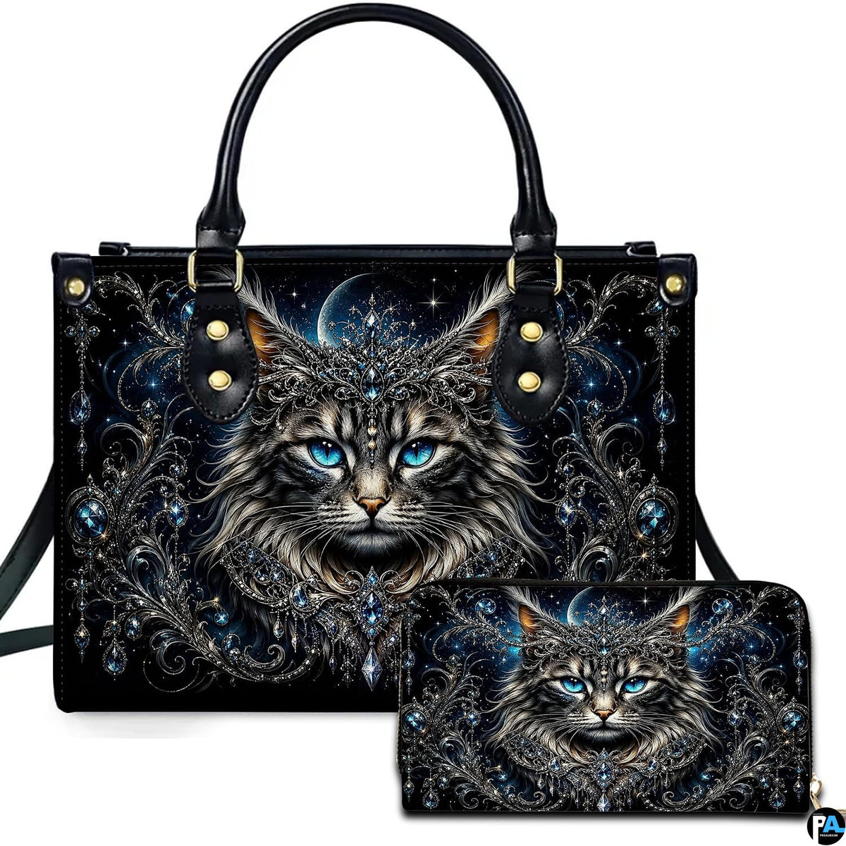 Studio photo showing crowned cat artwork alongside matching companion accessory on plain white surface.