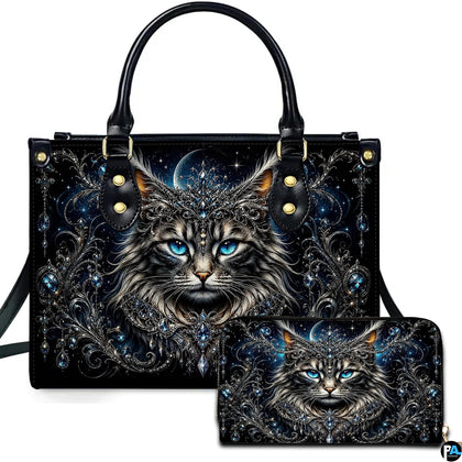 Studio photo showing crowned cat artwork alongside matching companion accessory on plain white surface.