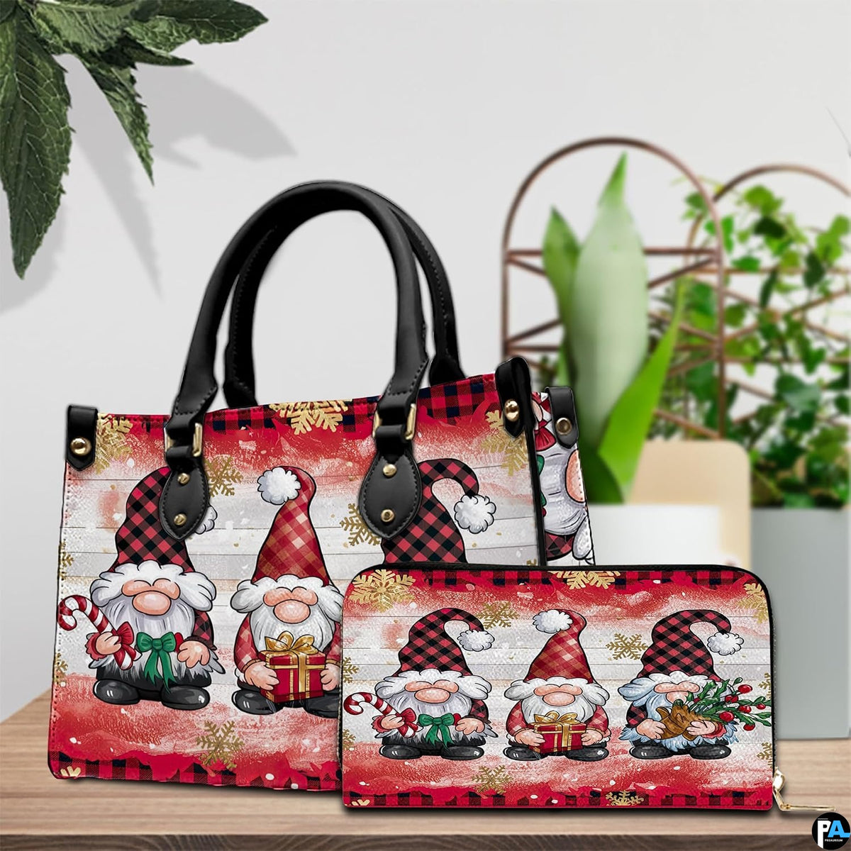 Festive accessory pair displayed on a wooden tabletop alongside indoor botanical greenery.