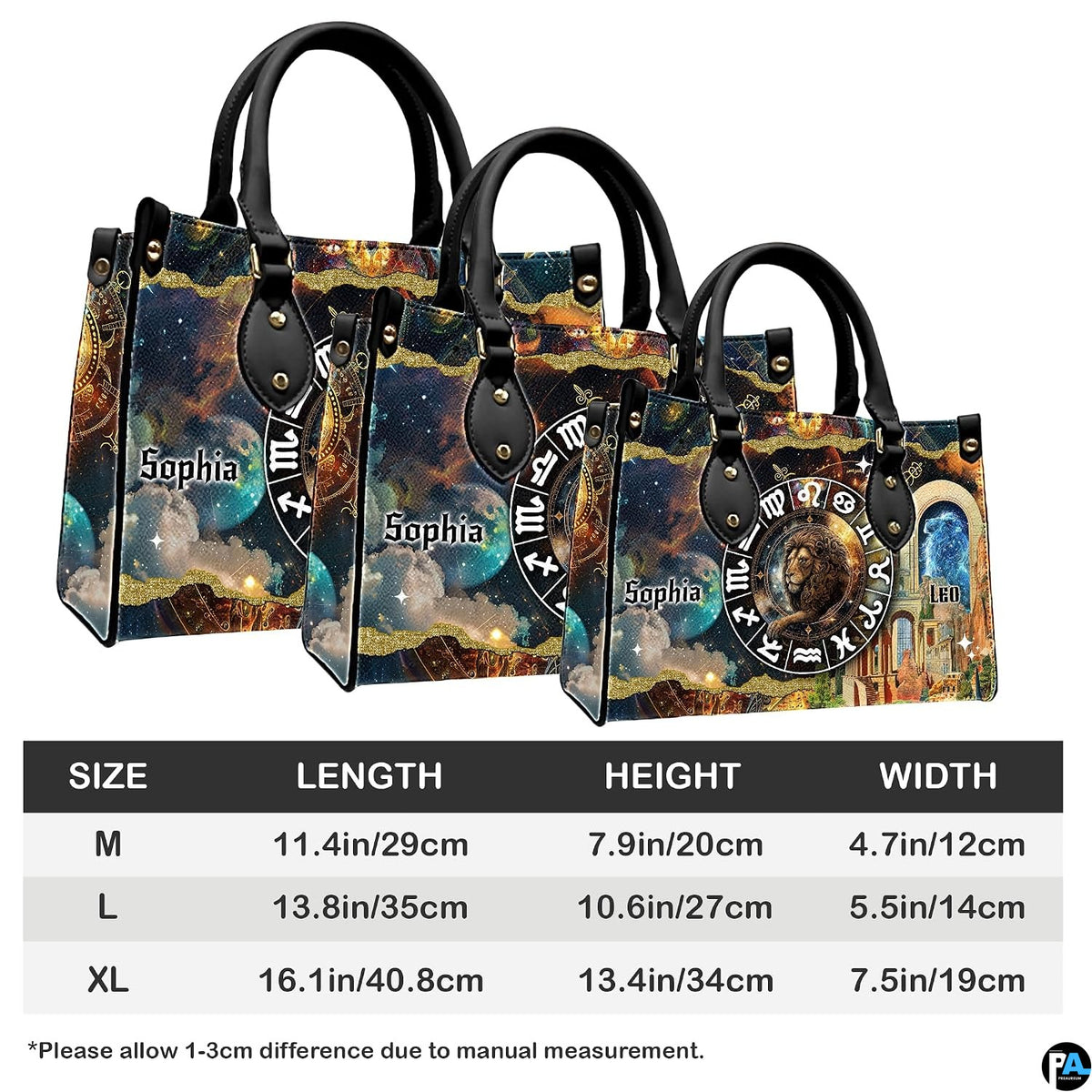 Comparative sizing chart showing three proportion options for Celestial Lion Satchel Handbag.