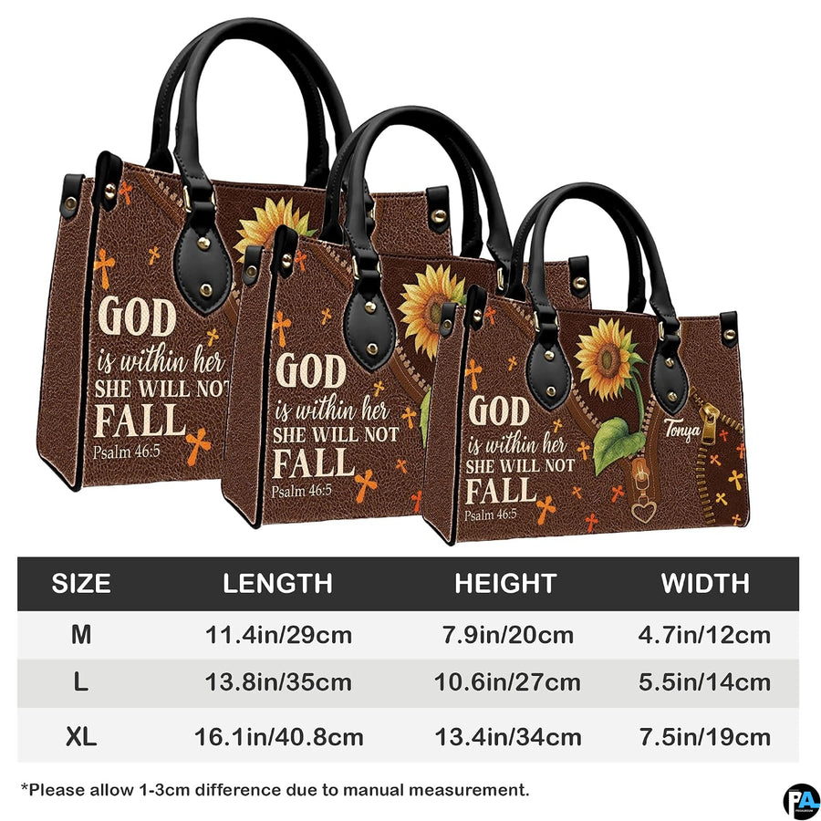 Dimensions diagram displaying size measurements for sunflower handbag and matching wallet.