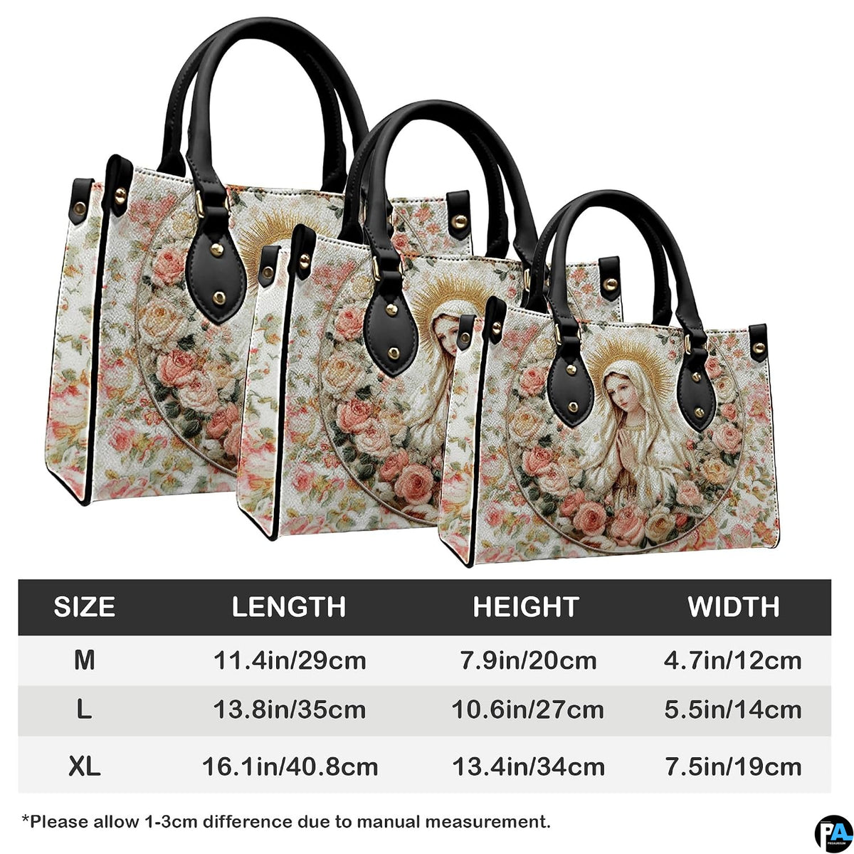 Handbag sizing diagram illustrating Medium, Large, and Extra Large dimensions