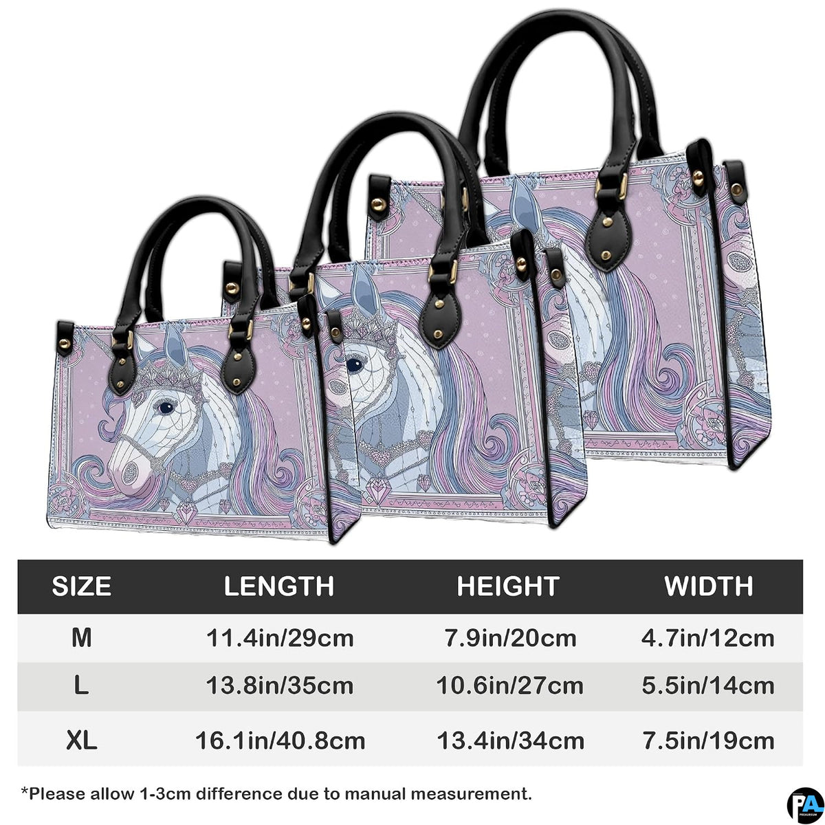 Back view of unicorn handbag displaying continuous lilac background with decorative border.