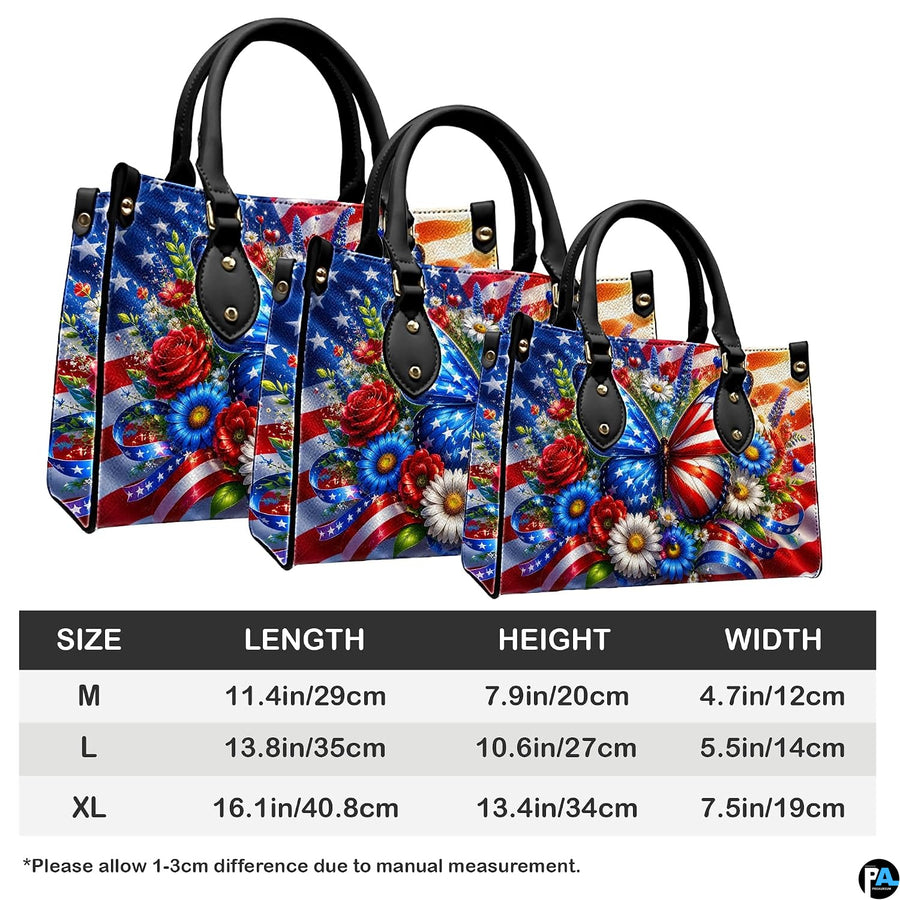 Side perspective view of patriotic floral handbag and wallet