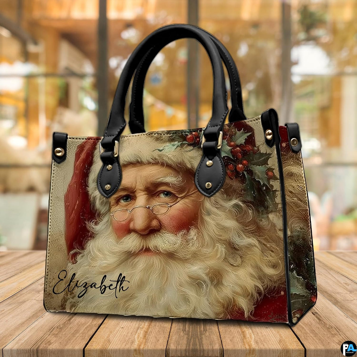 Street perspective of the holiday Santa portrait shoulder bag.