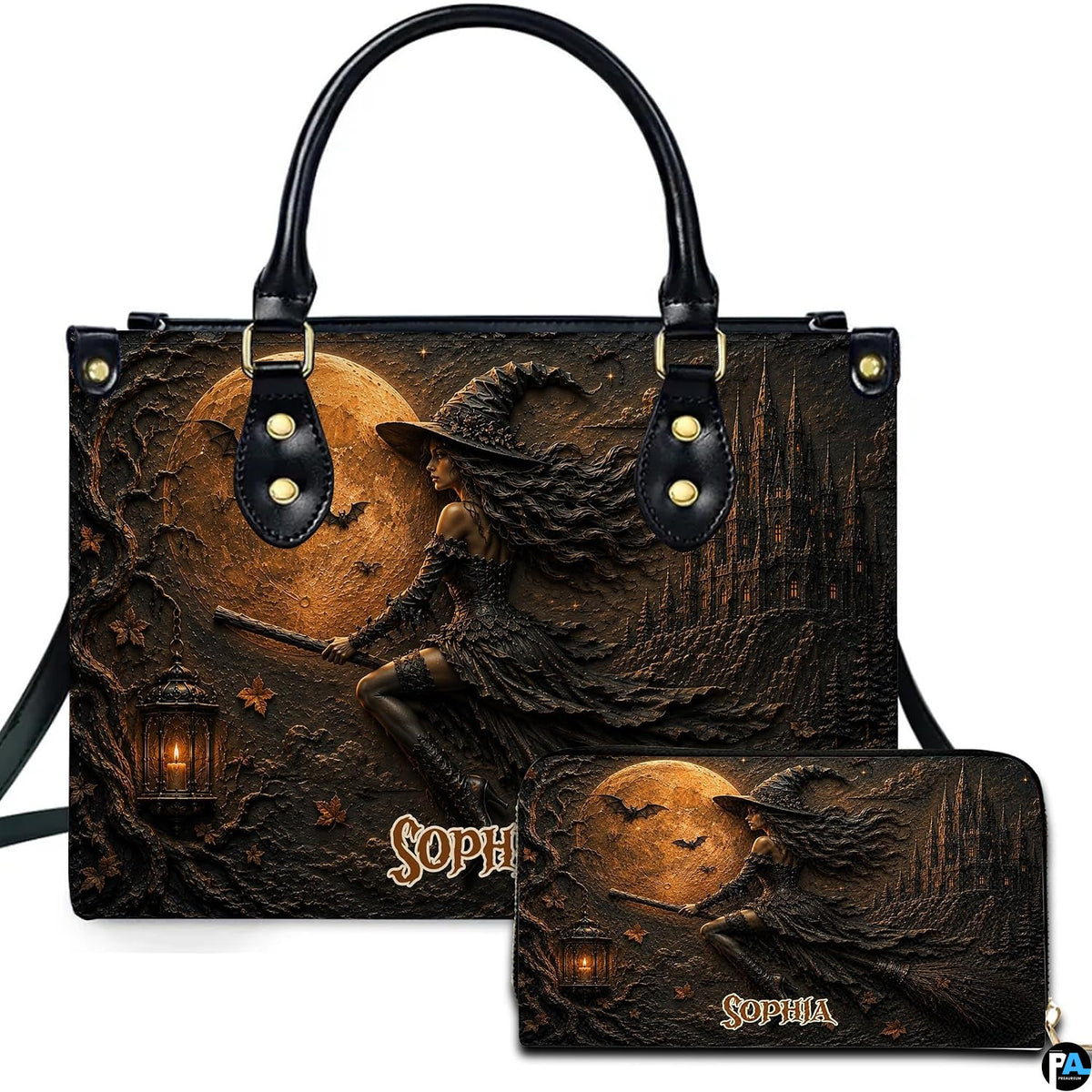 Personalized Witch Handbag with Purse, Custom Name Gothic Leather Bag Set for Women, Halloween Shoulder Bag, Witch Gift
