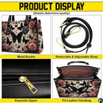 Four paneled composition illustrating decorative views of hardware accents, floral motifs, and interior view.