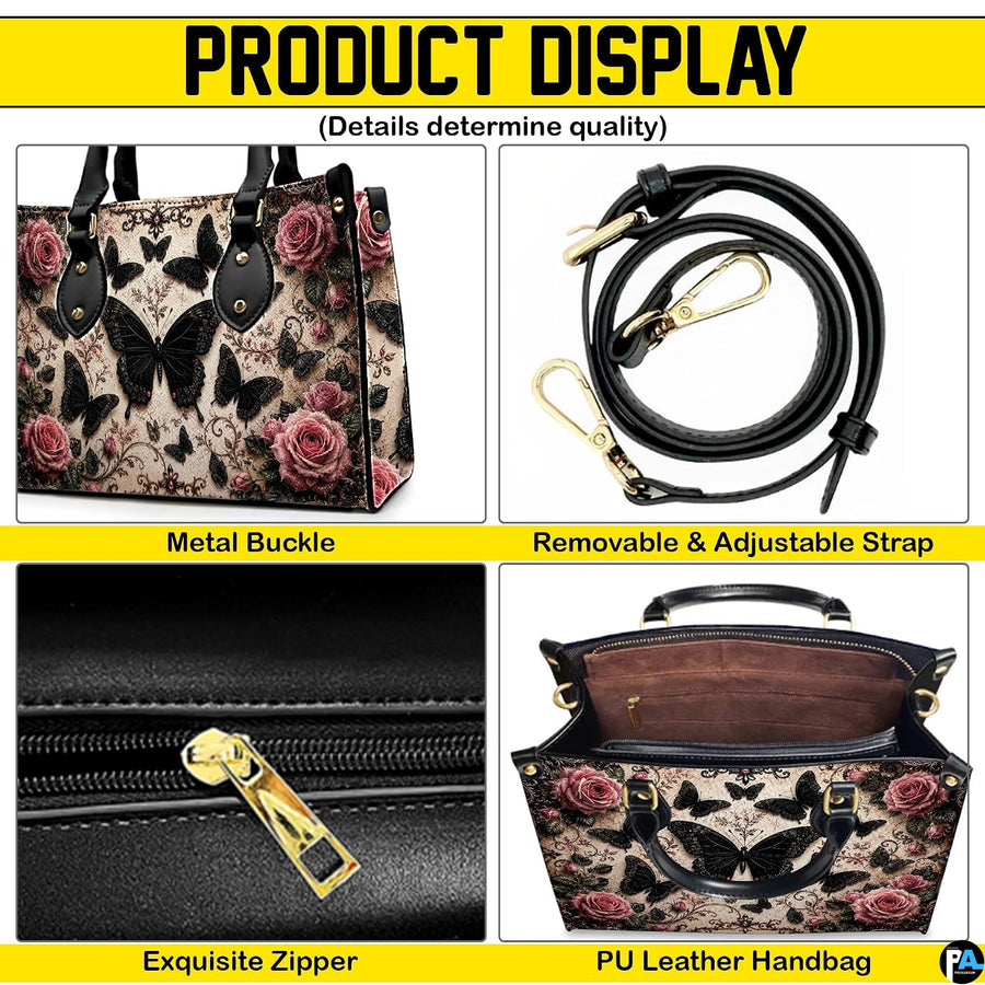 Four paneled composition illustrating decorative views of hardware accents, floral motifs, and interior view.