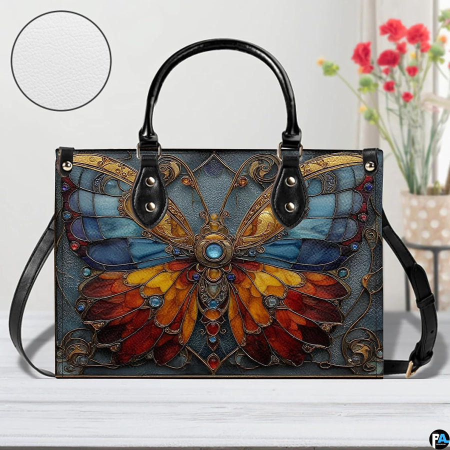 Front view of matching stained glass butterfly zip wallet showcasing leaded filigree artwork