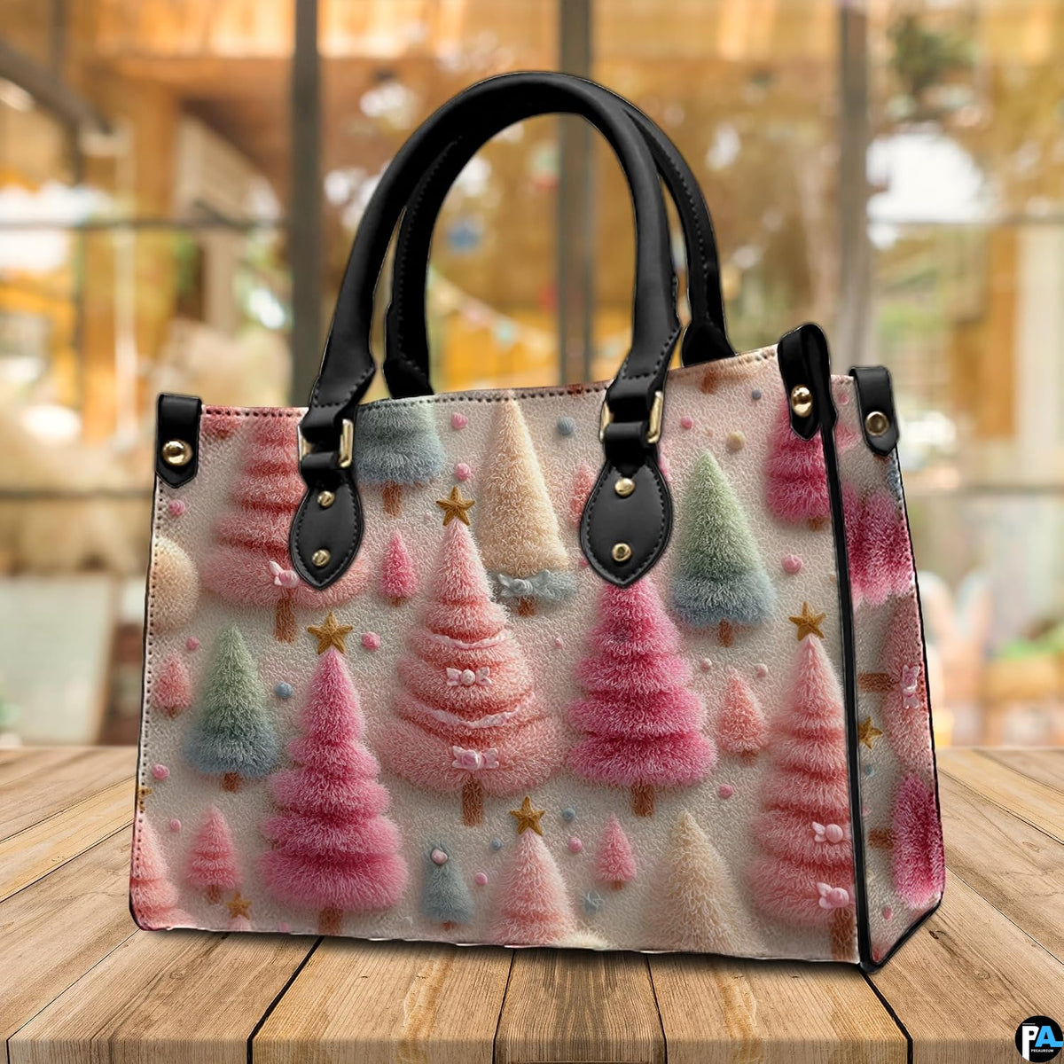 Tabletop lifestyle scene displaying whimsical pastel holiday tree print on wooden surface
