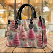 Tabletop lifestyle scene displaying whimsical pastel holiday tree print on wooden surface