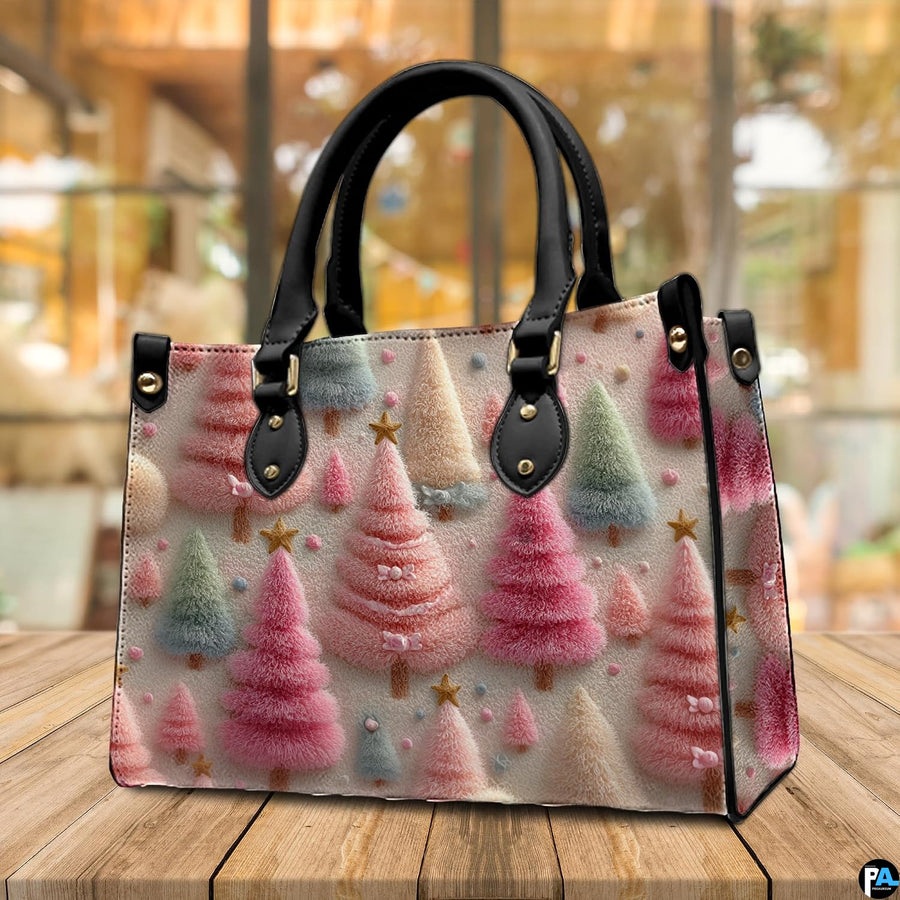 Tabletop lifestyle scene displaying whimsical pastel holiday tree print on wooden surface