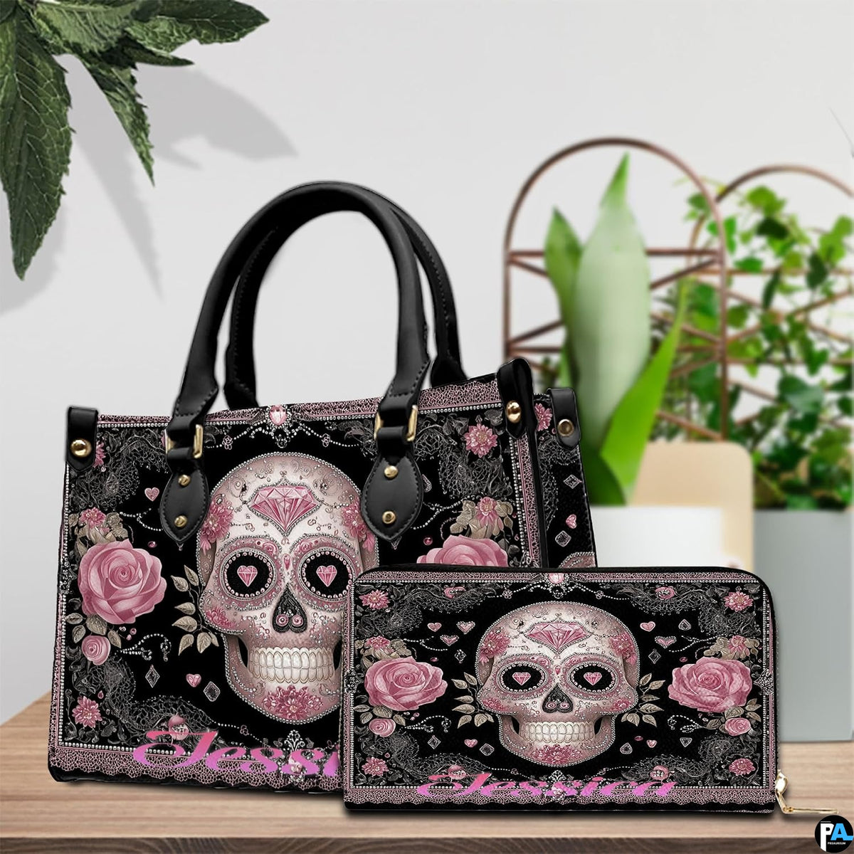 Front view of sugar skull handbag showing ornate pink calavera and blooming dusty roses.