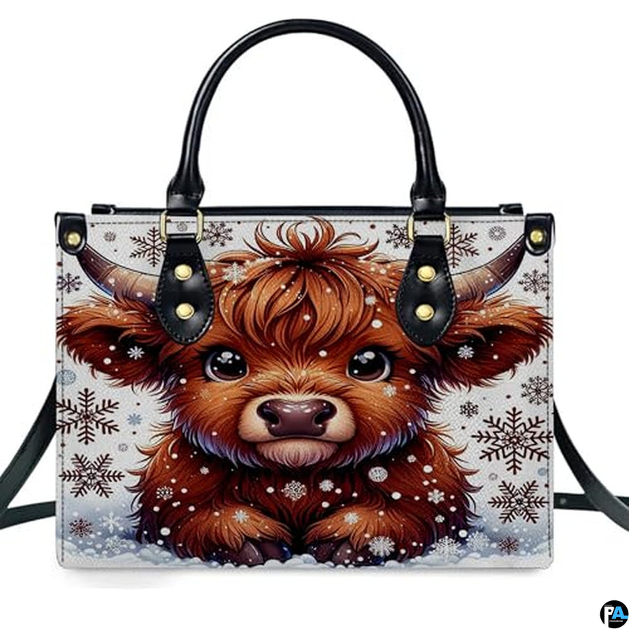 Highland Cow Leather Handbag Custom Cow Purse for Women Country Farm PU Leather Tote Gifts for Farmers Girls Mom Gift