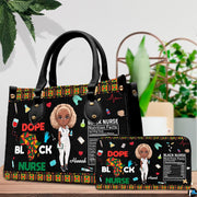 Melanin nurse handbag and matching wallet set displayed on wooden tabletop beside greenery.