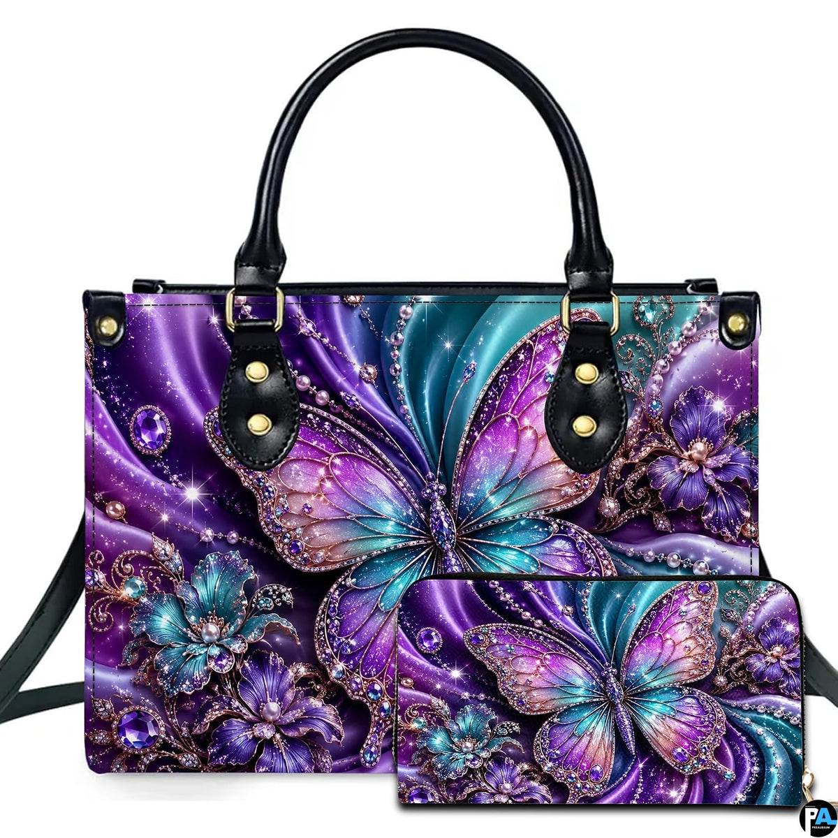 Purple crystal butterfly handbag and matching wallet set