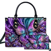 Purple crystal butterfly handbag and matching wallet set