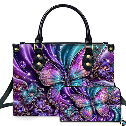 Purple crystal butterfly handbag and matching wallet set