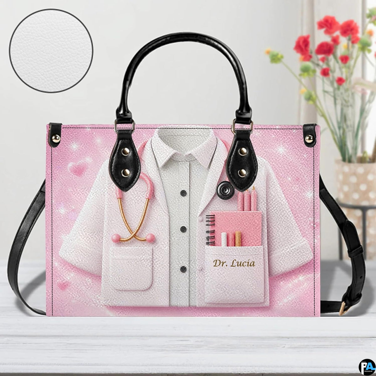 Bottom view of pink doctor handbag showing flat rectangular base