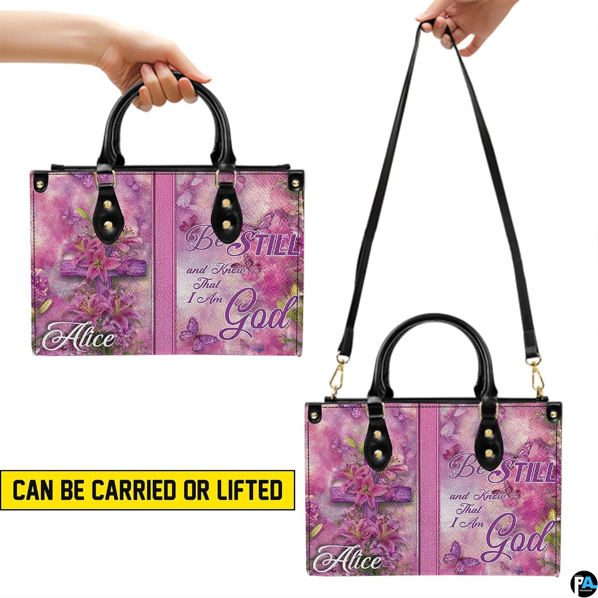 Matching zip wallet featuring coordinated pink lilies, wooden cross, and pastel cloud backdrop.
