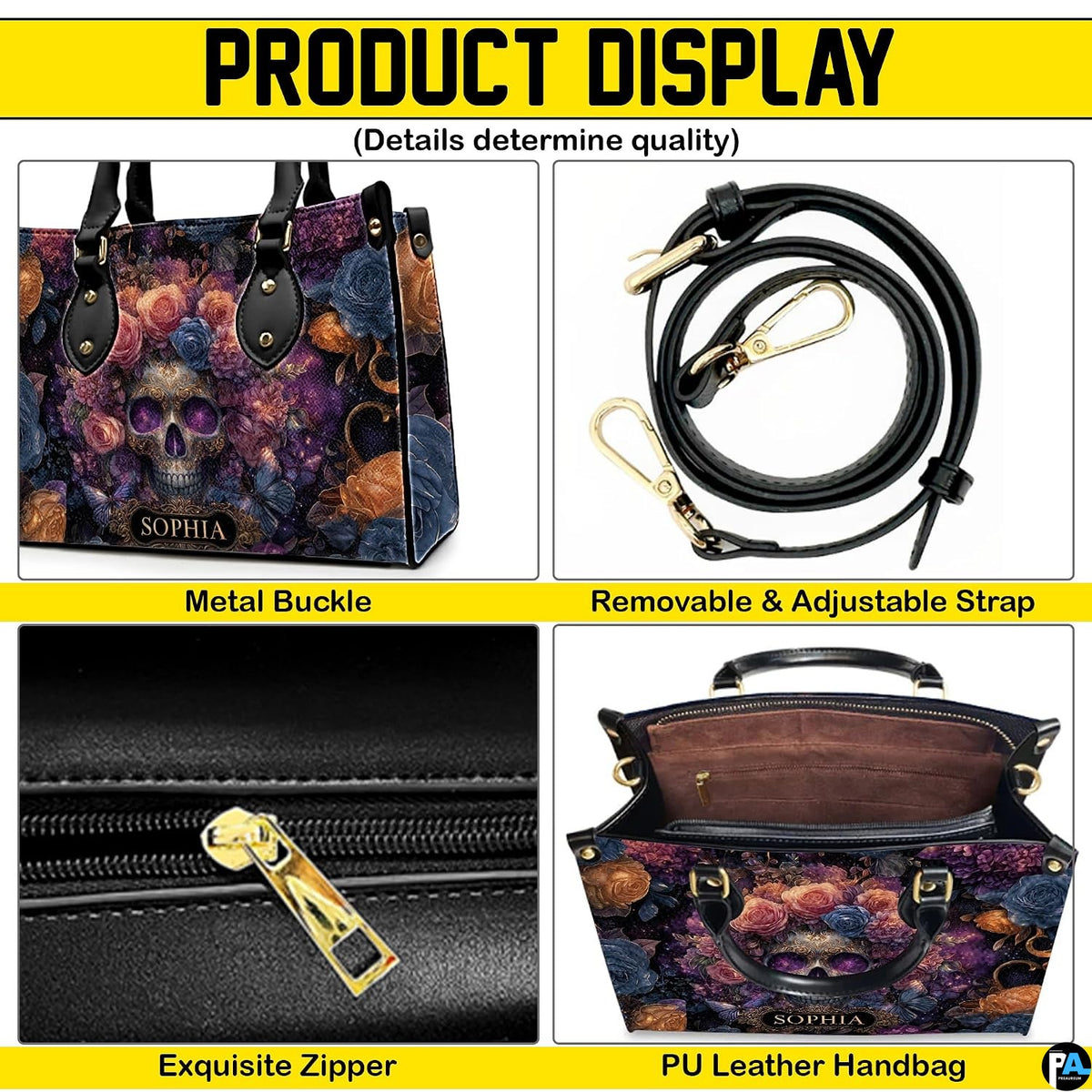 Four-panel showcase illustrating design details, hardware, and interior layout.