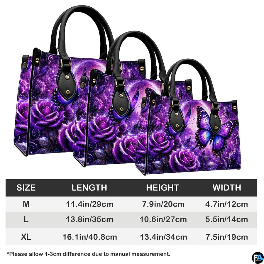 Side perspective view of purple butterfly handbag and wallet pair