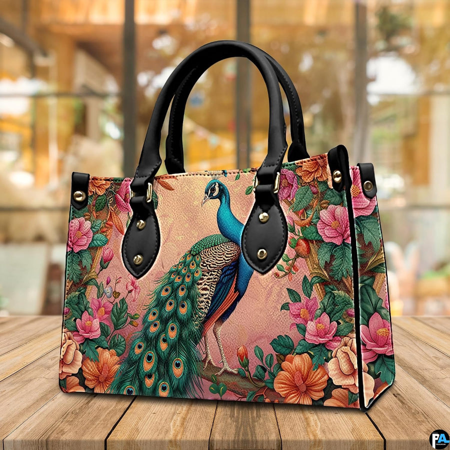 Turquoise peacock handbag framed by pink, coral and peach flowers